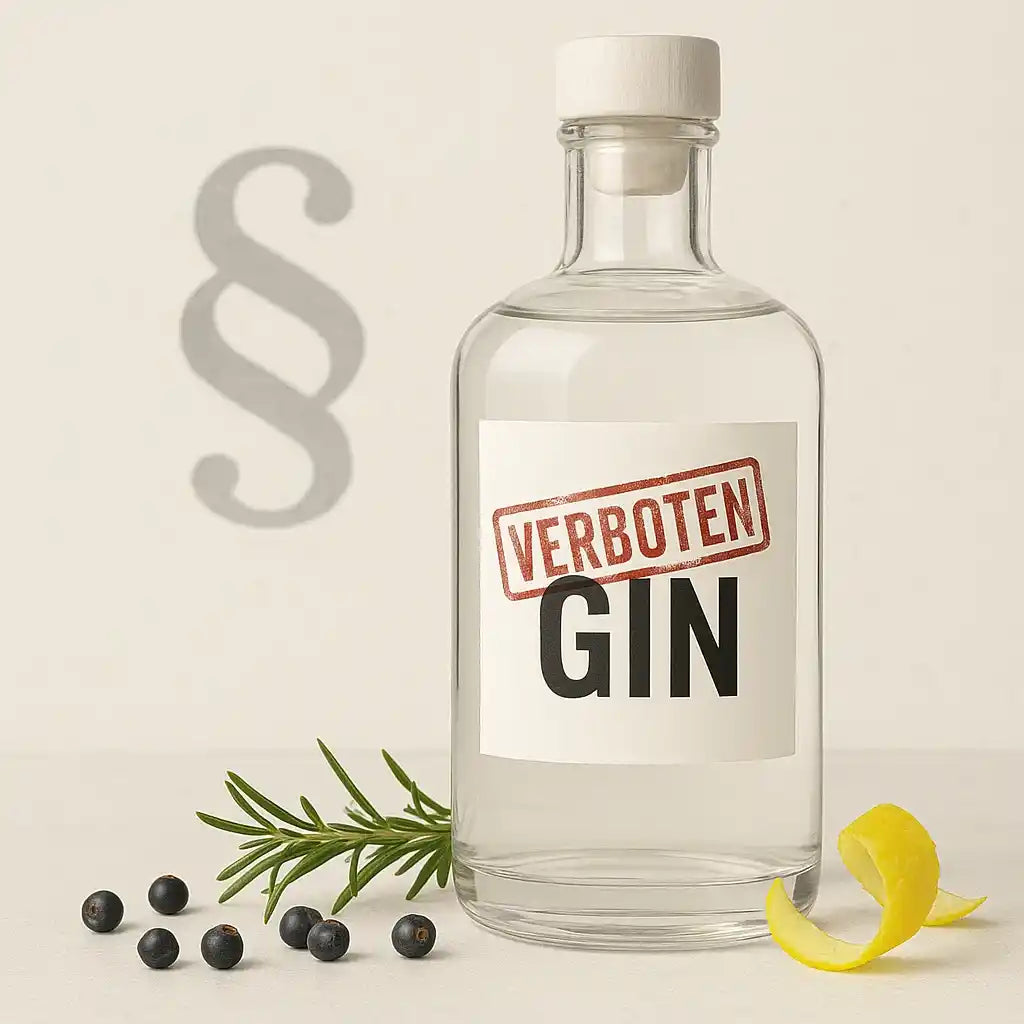 Klare Flasche mit dem Aufdruck „GIN – VERBOTEN“, daneben Wacholderbeeren, Zitronenschale und Paragraphenzeichen im Hintergrund – Symbolbild zum Verbot der Bezeichnung alkoholfreier Gin nach deutschem Lebensmittelrecht.