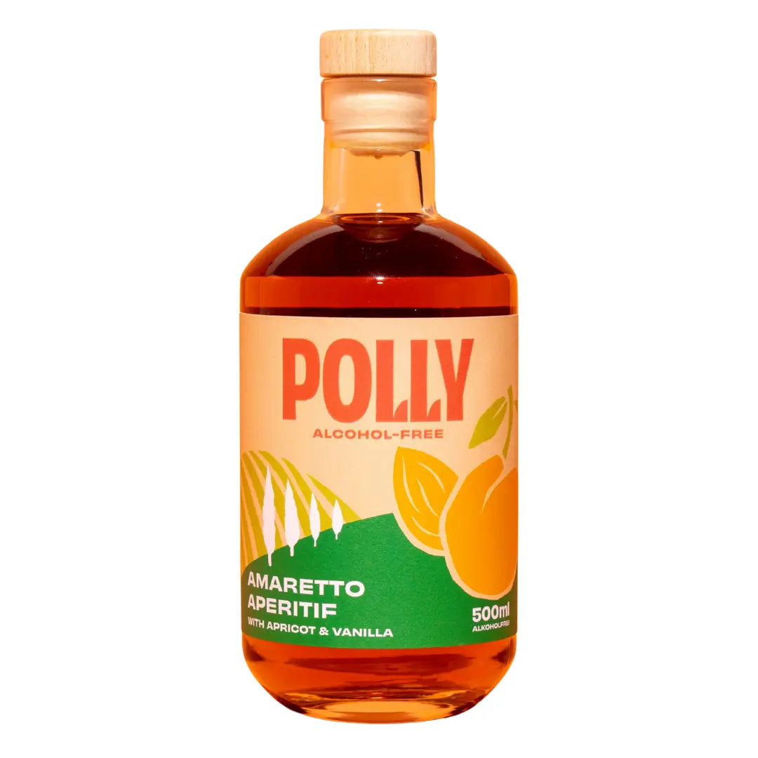 Alkoholfreie Spirituose POLLY mit Amaretto-Geschmack (0% vol.) – natürliches Aroma von Mandeln, Aprikosen und Vanille in bernsteinfarbener Flüssigkeit. Vegan und ohne künstliche Zusätze.
