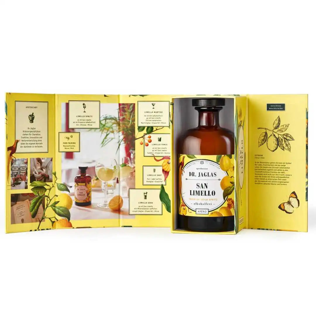 Alkoholfreie Limoncello-Alternative „San Limello“ von Dr. Jaglas im geöffneten Geschenkset