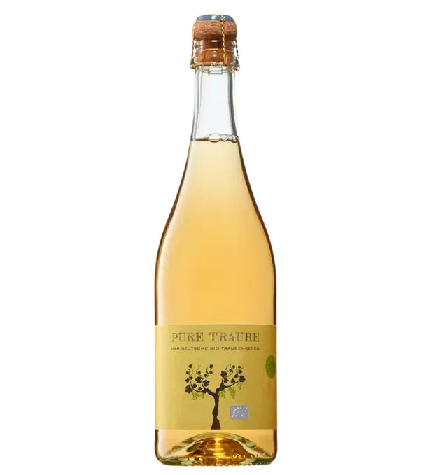 Flasche des Pure Traube Alkoholfreien Secco Weiß von J. Trautwein, mit Bio-Zertifizierung, goldenes Etikett mit Baum-Motiv