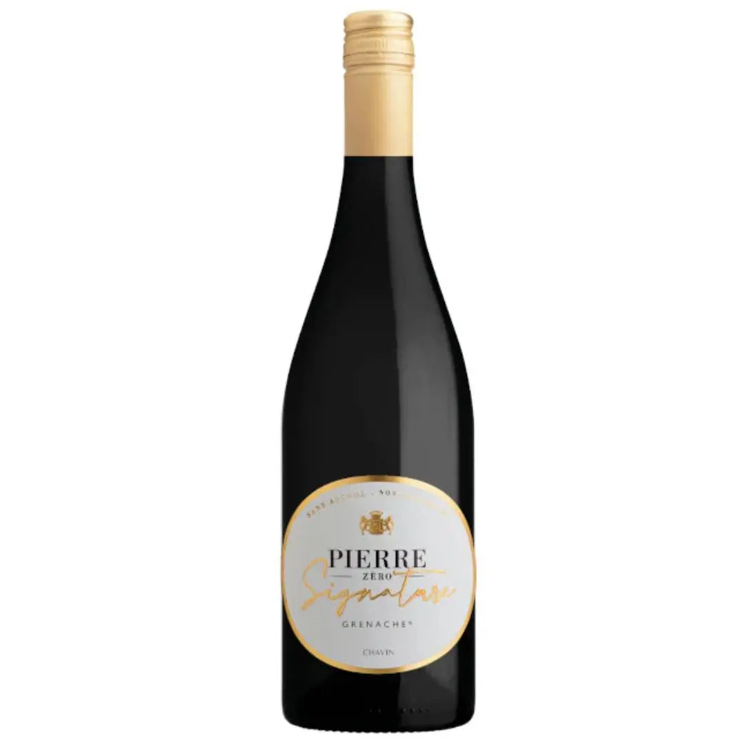 Flasche alkoholfreier Pierre Zéro Signature Grenache Rotwein aus Frankreich mit weißem Etikett.