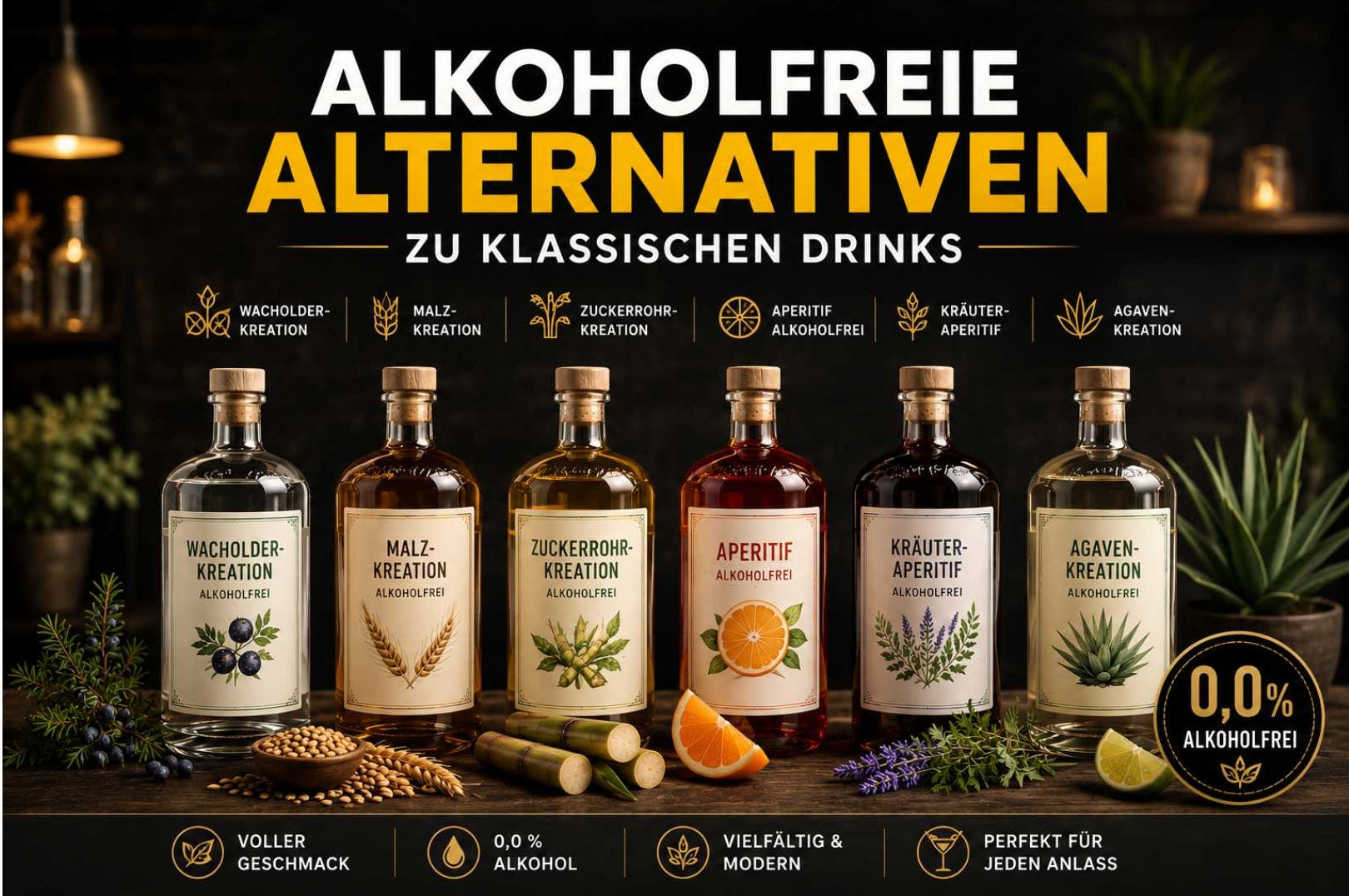 Alkoholfreien Alternativen zu klassischen Drinks wie Wacholder-, Malz-, Zuckerrohr-, Agaven- und Kräuter-Kreationen sowie alkoholfreiem Aperitif auf einer stilvollen Bar-Theke.