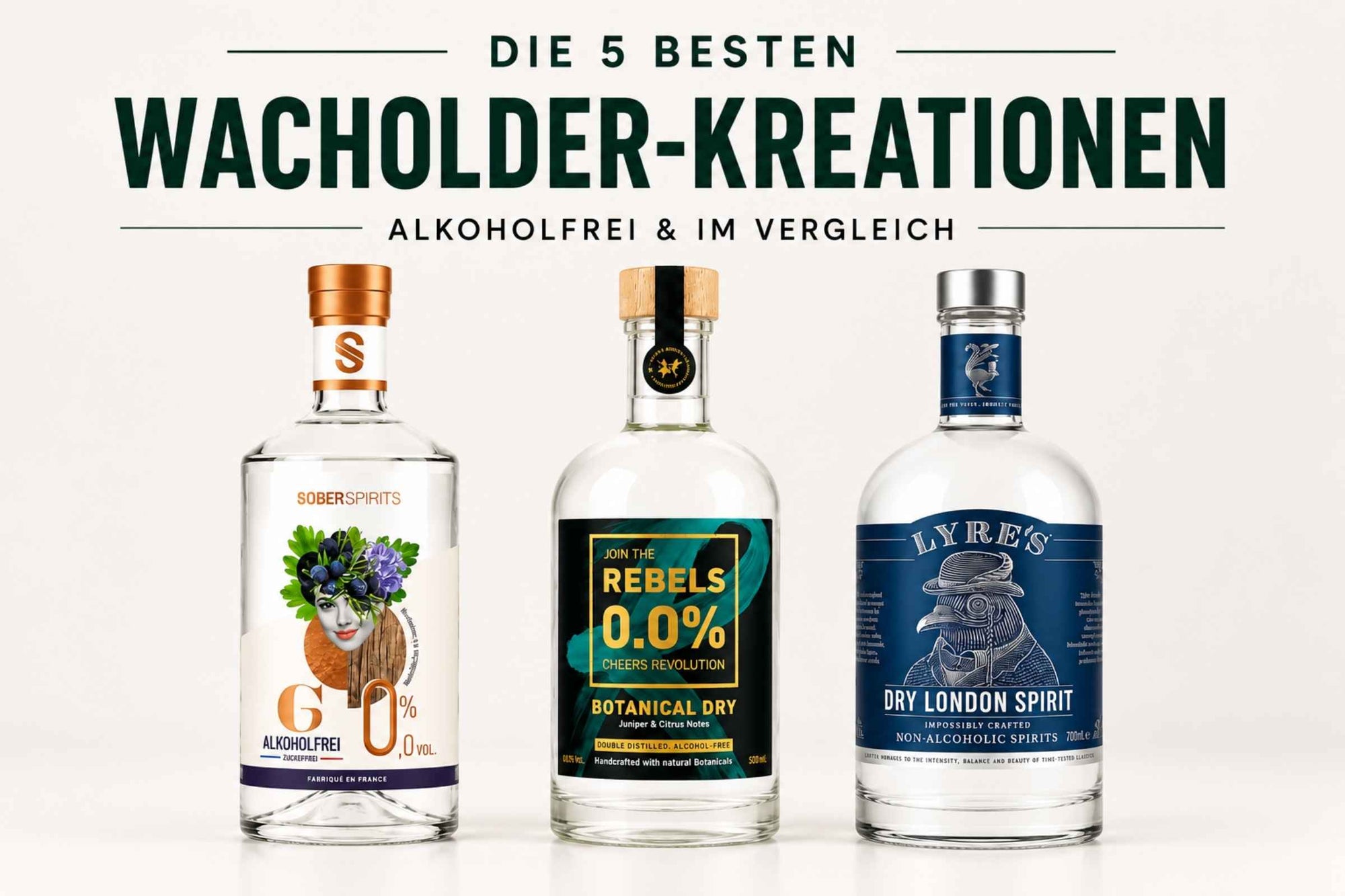 Titelbild zum Test der 5 besten alkoholfreien Wacholder-Kreationen im Vergleich mit verschiedenen alkoholfreien Wacholder-Alternativen.