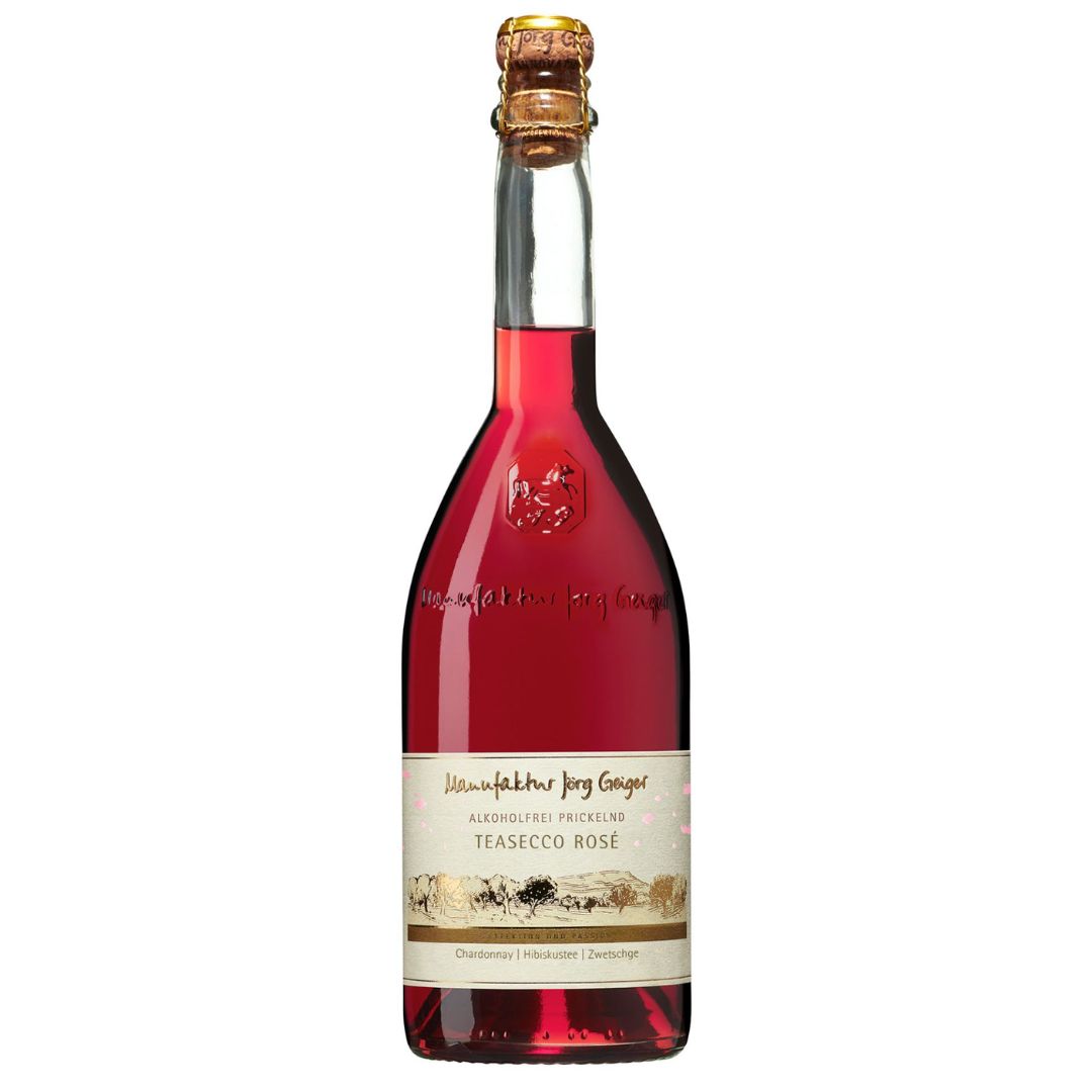 Teasecco Rosé – alkoholfreie Sekt-Alternative mit fruchtigen Pfirsich- und Hibiskusnoten, ideal als Aperitif oder zu leichten Gerichten.