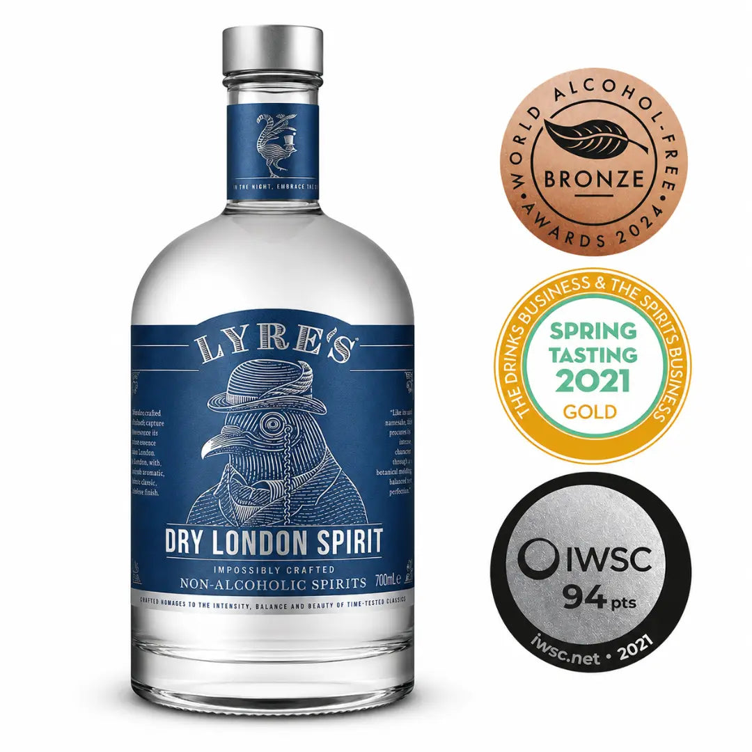 Lyre’s Dry London alkoholfreie Gin-Alternative mit internationalen Auszeichnungen auf weißem Hintergrund.