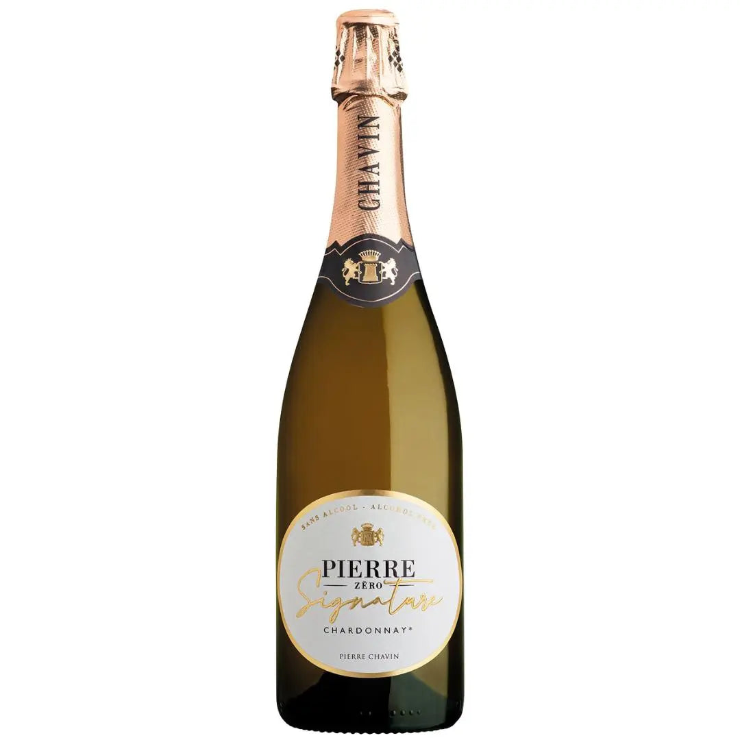 Flasche des alkoholfreien Pierre Zéro Signature Chardonnay Schaumweins in rosé-goldfarbener Optik.