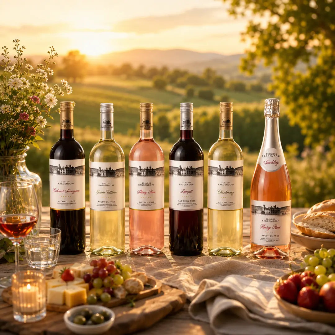 Schloss Raggendorf alkoholfreies Weinpaket mit Rosé Sekt bei Sonnenuntergang auf stilvoll gedecktem Tisch, alkoholfreie Weine für Genussmomente im Freien“