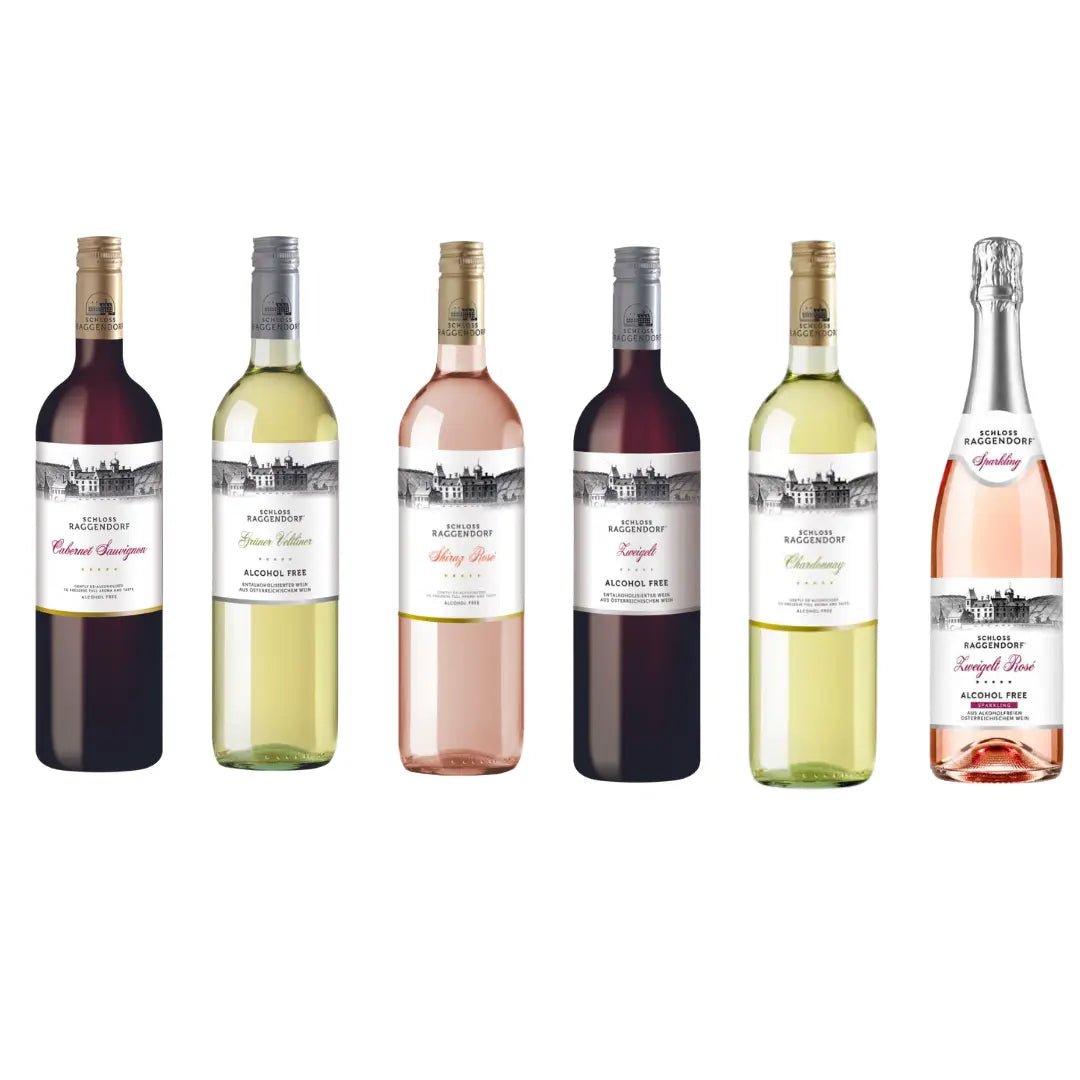 Schloss Raggendorf 6er Paket alkoholfreier Wein und Sekt auf weißem Hintergrund, Cabernet Sauvignon, Grüner Veltliner, Shiraz Rosé, Zweigelt, Chardonnay und Rosé Sparkling alkoholfrei