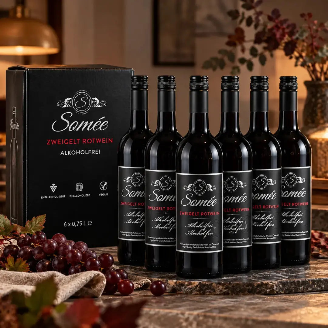 Somée Zweigelt Rotwein alkoholfrei im 6er-Paket (6 × 0,75 l) – Sechs Flaschen entalkoholisierter Rotwein mit schwarzer Verpackung und roten Trauben.