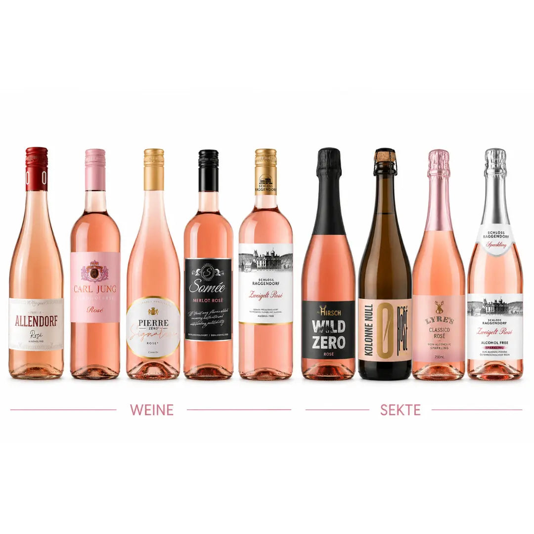Rosé-Probierpaket alkoholfrei mit neun alkoholfreien Roséweinen und Rosé-Sekten verschiedener Marken auf weißem Hintergrund.