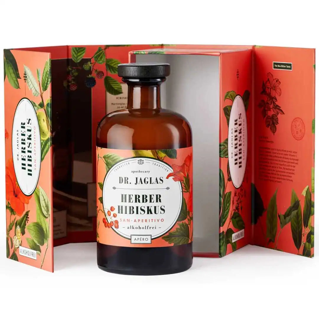 Alkoholfreier Limoncello „Aperitif herber Hibiskus“ von Dr. Jaglas im geöffneten Geschenkset