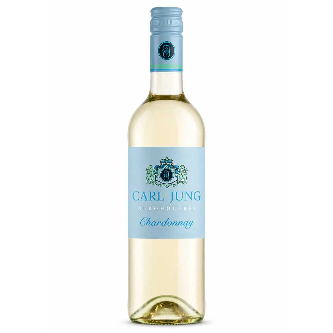 Carl Jung Chardonnay alkoholfrei 0,75l - alkoholfreier Weißwein Flasche vor weißem Hintergrund