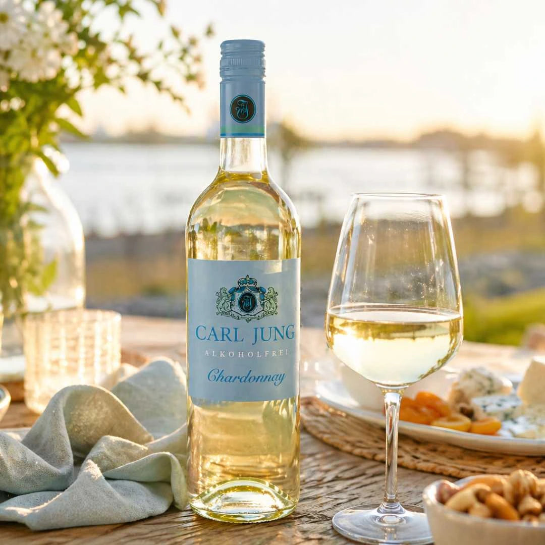 Carl Jung Chardonnay alkoholfrei im Glas bei sommerlichem Picknick - alkoholfreier Weißwein Genussmoment