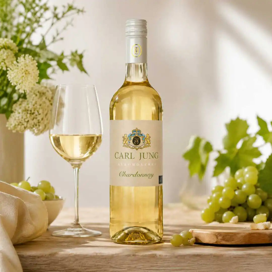 Alkoholfreier Chardonnay im Glas mit Trauben und Käse auf Holztisch