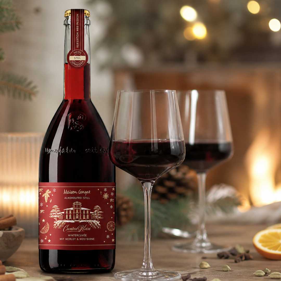 Alkoholfreier Glühpunsch von Jörg Geiger in winterlicher Atmosphäre mit Gläsern, Gewürzen und Kerzen