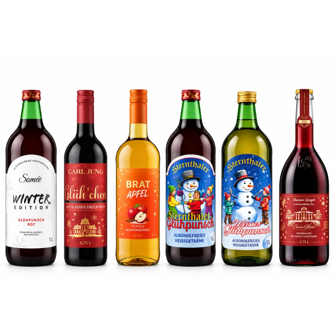 Alkoholfreies Glühpunsch Probierpaket mit 6 Flaschen von Somée, Sternthaler, Carl Jung und Jörg Geiger auf weißem Hintergrund.