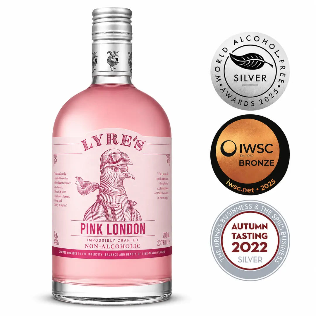 Lyre’s Pink London alkoholfreie Gin-Alternative mit internationalen Auszeichnungen auf weißem Hintergrund, alkoholfreier Pink Gin für alkoholfreie Cocktails und Gin Tonic