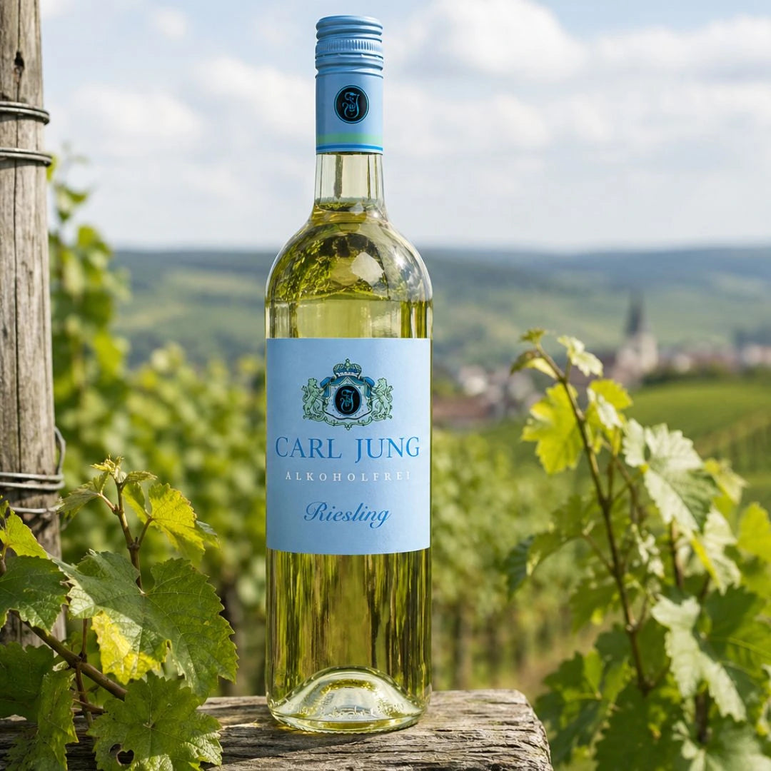 Alkoholfreier Riesling von Carl Jung im Weinberg, Weißwein-Alternative in natürlicher Umgebung