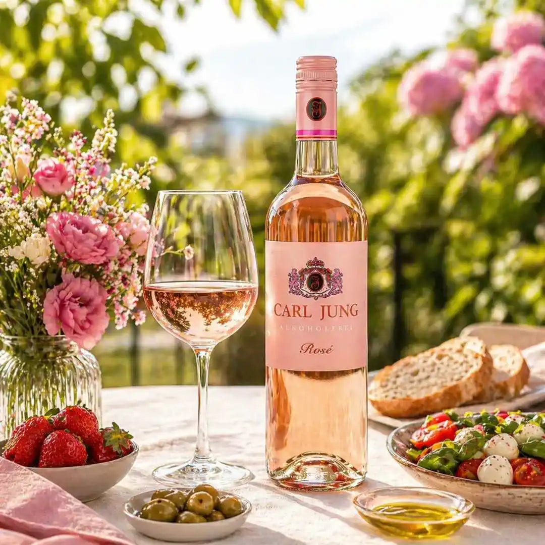 Alkoholfreier Roséwein von Carl Jung im Glas mit Erdbeeren, Salat und Blumen auf sonnigem Tisch