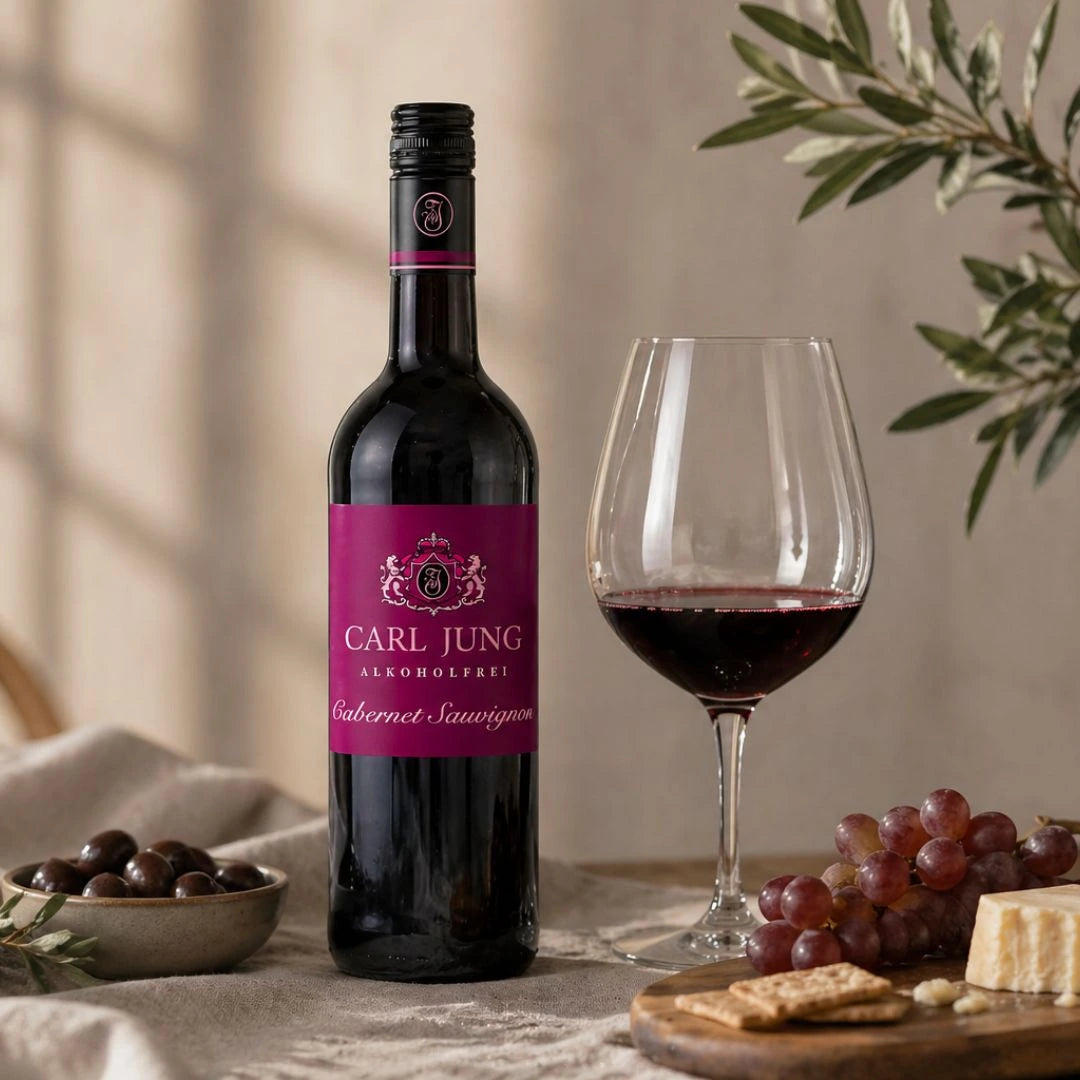 Alkoholfreier Rotwein Cabernet Sauvignon von Carl Jung im Glas serviert - stilvolle Genuss-Szene mit Trauben und Käse