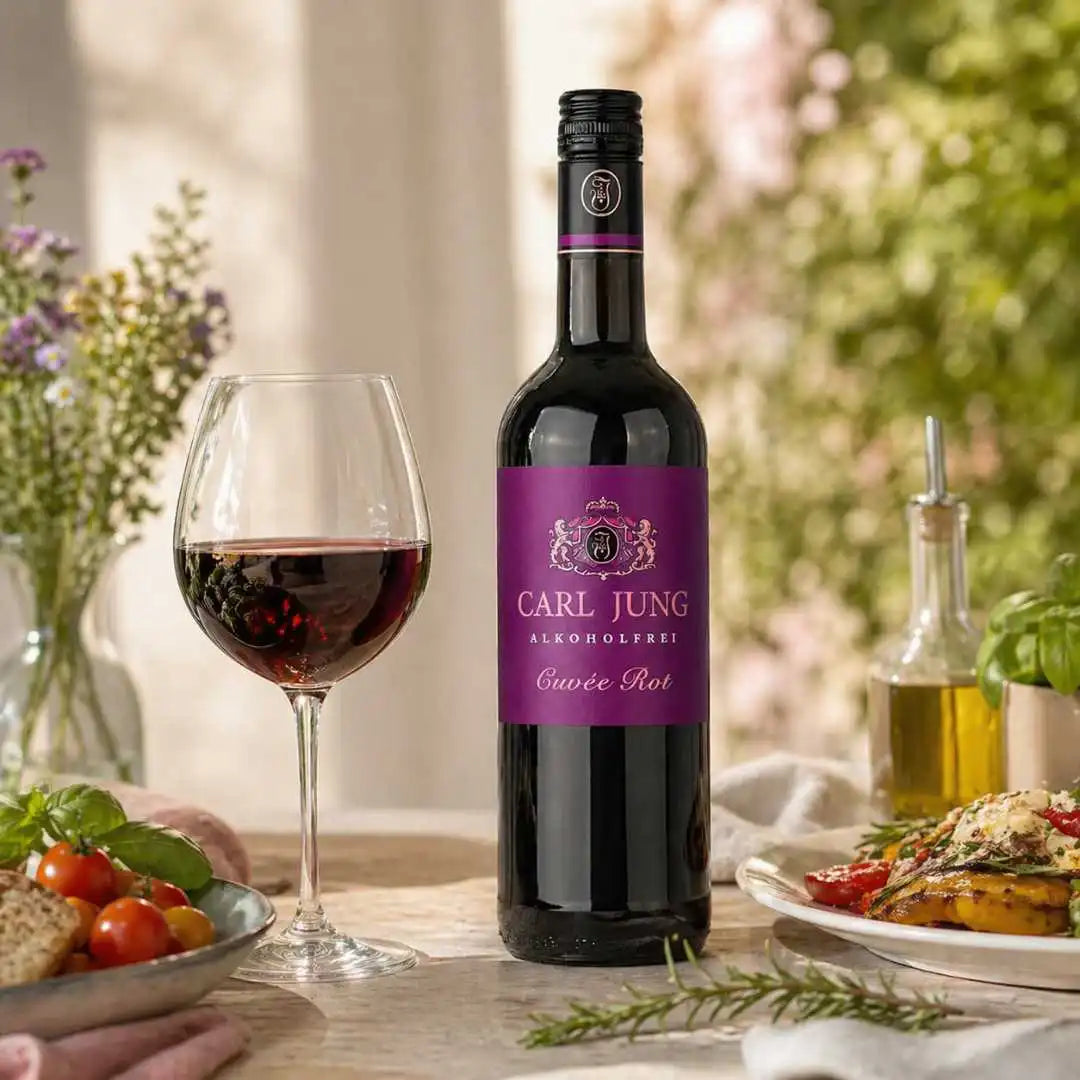 Alkoholfreier Cuvée Rot von Carl Jung im Glas mit Essen und frischen Zutaten auf hellem Tisch