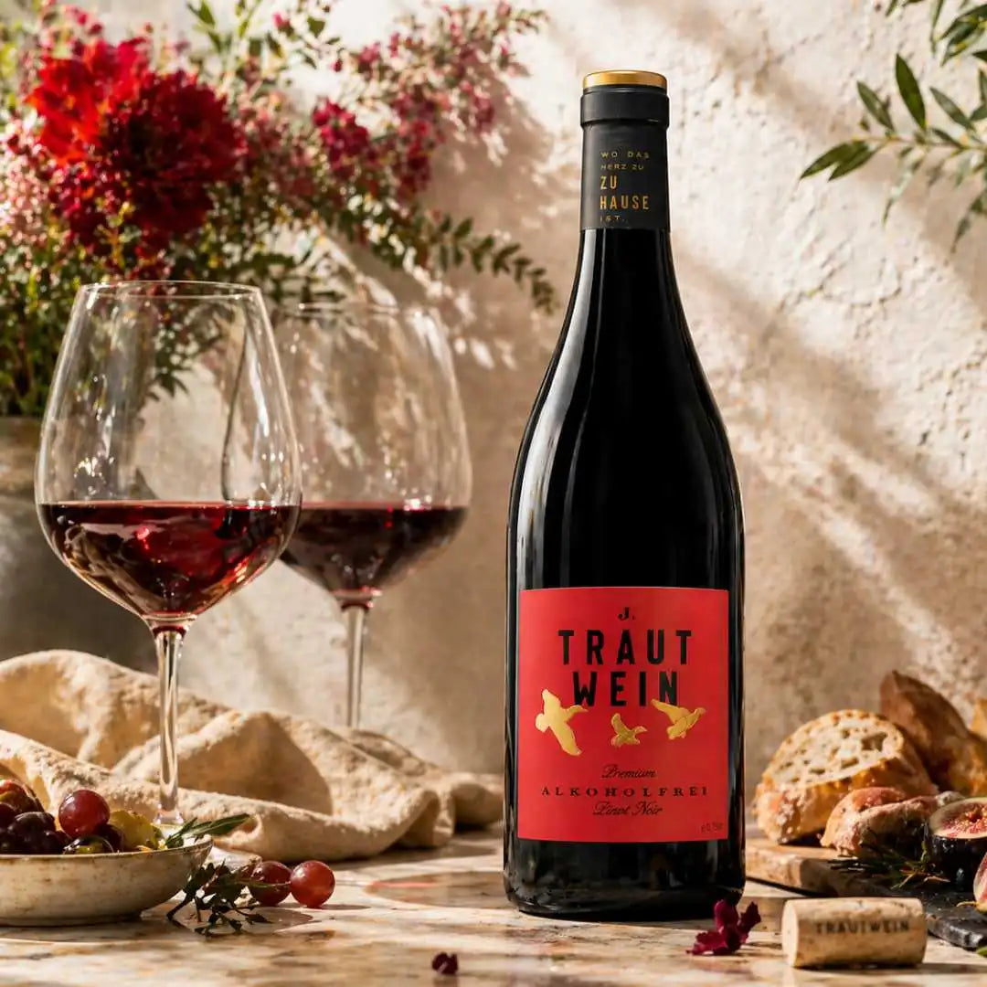 Alkoholfreier Rotwein im Glas mit Trautwein Pinot Noir in heller Genussszene mit Essen und warmem Licht