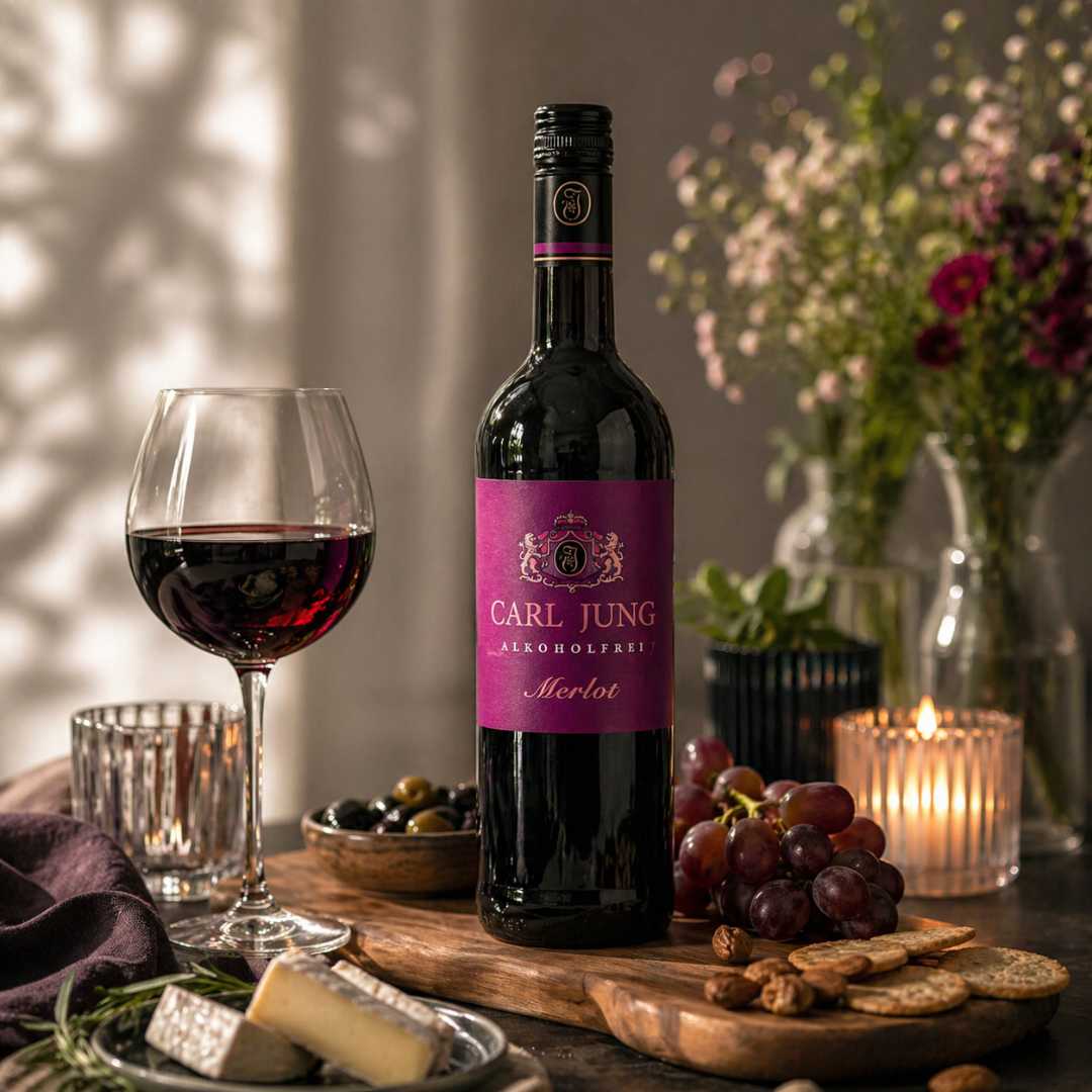 Alkoholfreier Merlot Rotwein von Carl Jung im Glas mit Trauben, Käse und Kerzen auf Holztisch