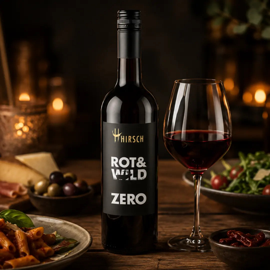 ROT &amp; WILD ZERO von Christian Hirsch als alkoholfreier Rotwein beim stilvollen Genuss mit Pasta, Käse und mediterranen Spezialitäten
