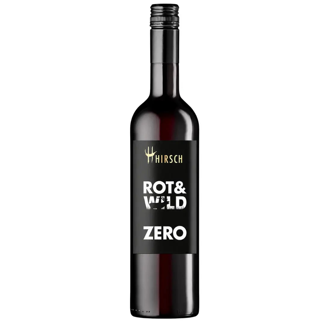 Flasche des alkoholfreien Rotweins ROT &amp; WILD ZERO von Christian Hirsch mit kräftigem Rotweincharakter und unter 0,5 % Alkohol