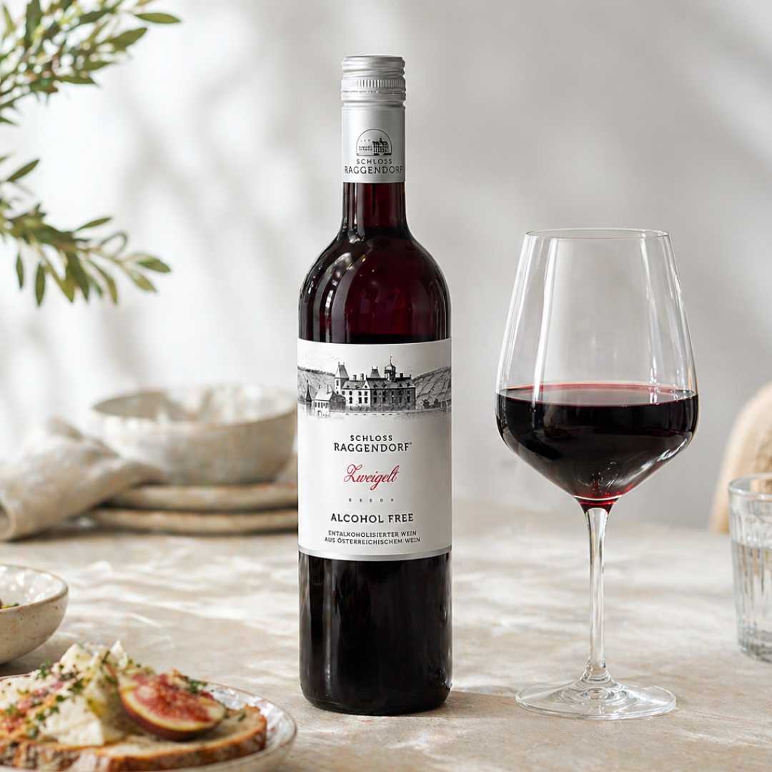 Alkoholfreier Zweigelt Rotwein von Schloss Raggendorf in heller Genuss Szene mit Weinglas und Speisen