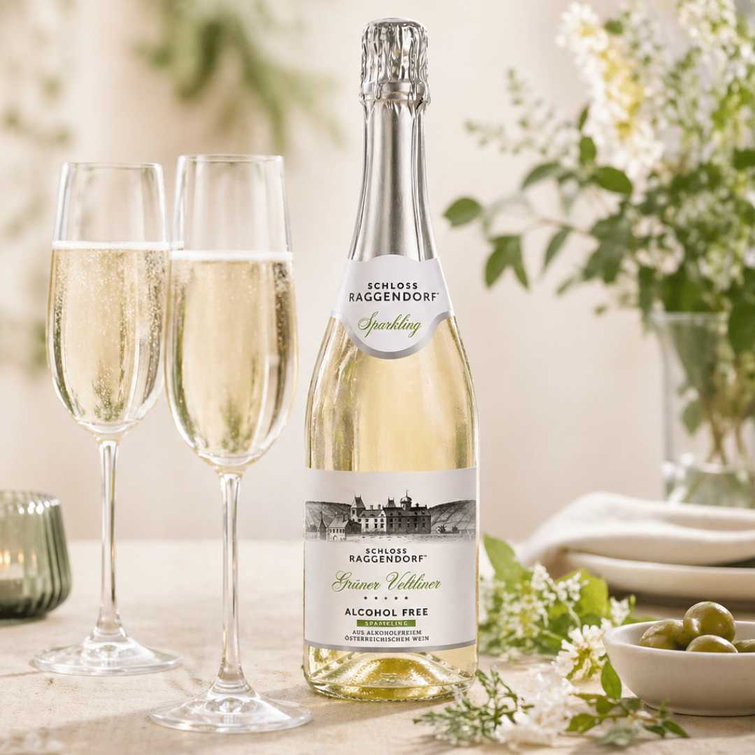 Alkoholfreier Grüner Veltliner Schaumwein von Schloss Raggendorf in Gläsern beim Anstoßen mit Flasche im Hintergrund
