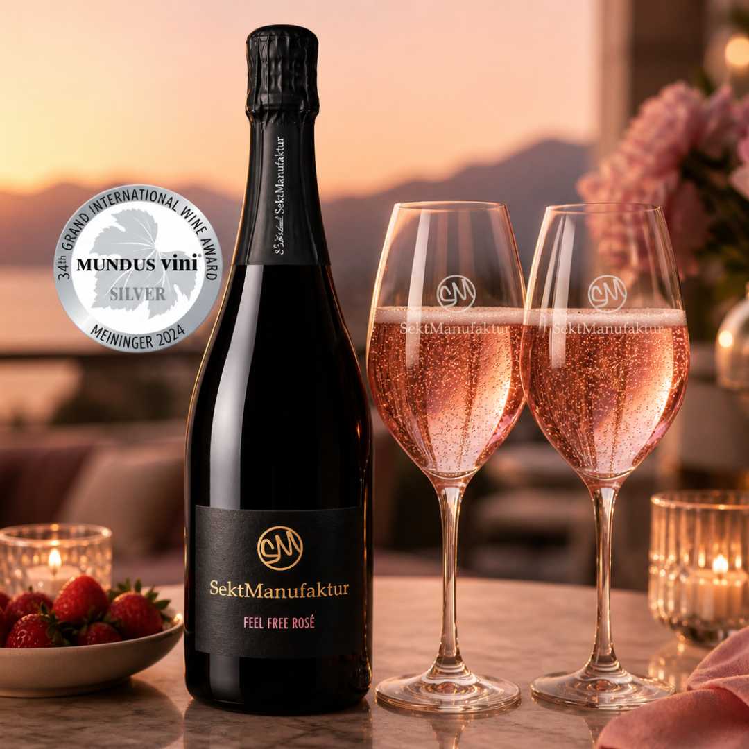 Alkoholfreier Rosé Sekt bei Sonnenuntergang mit zwei Gläsern – stilvoller Aperitif ohne Alkohol