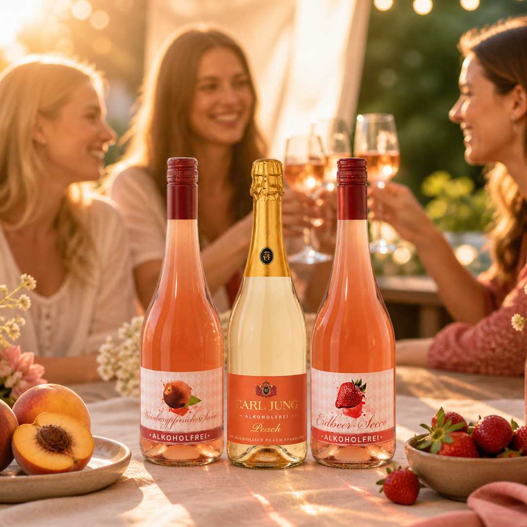 Alkoholfreies Secco Probierpaket bei einem Sommerabend auf der Terrasse mit Freunden – Erdbeer, Pfirsich und Carl Jung Peach