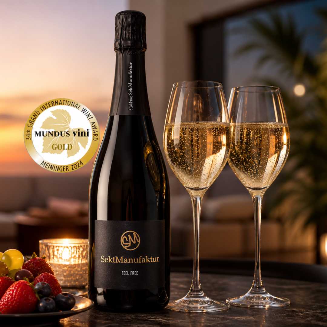 Alkoholfreier Sekt bei Sonnenuntergang mit zwei Gläsern – stilvoller Aperitif ohne Alkohol