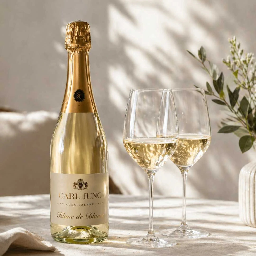 Alkoholfreier Sekt Carl Jung Blanc de Blancs in Gläsern serviert, stilvolle Genuss-Szene mit Weißwein-Alternative