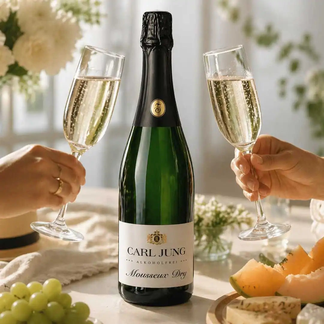 Carl Jung alkoholfreier Sekt im Glas beim Anstoßen - Mousseux Dry prickelnder Genussmoment