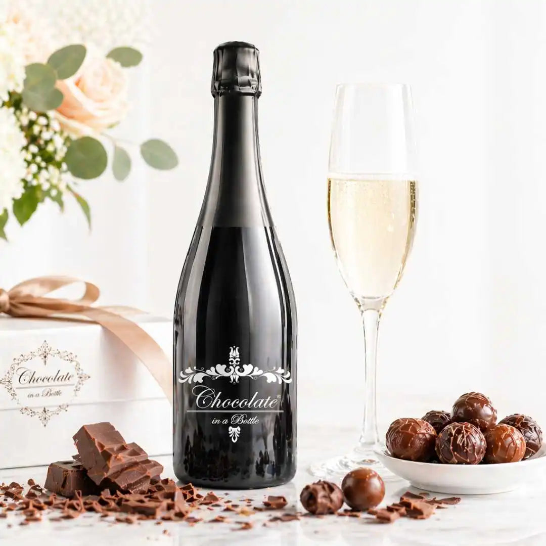 Chocolate in a Bottle alkoholfreier Schoko Sekt im Glas serviert mit prickelnder Genuss 