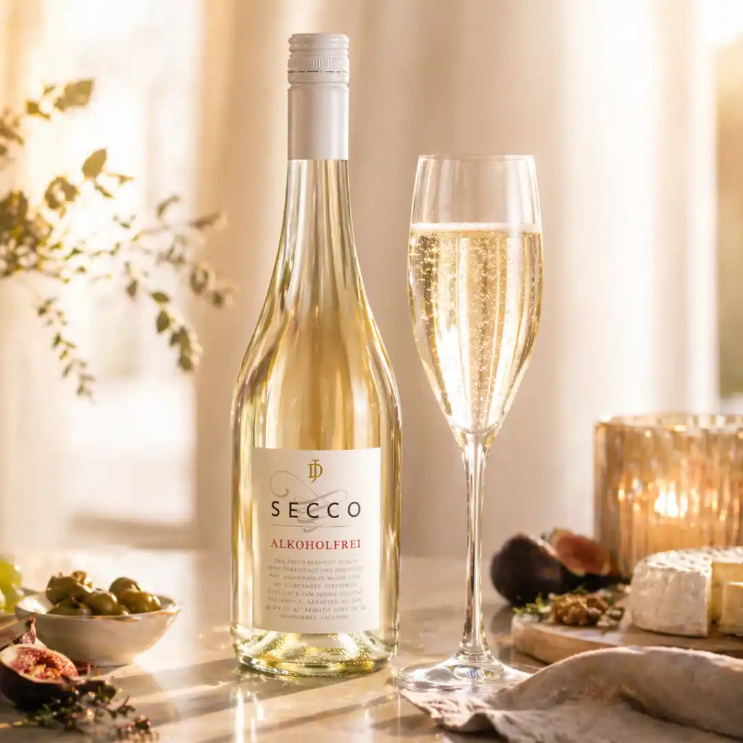 lkoholfreier Secco mit feiner Perlage im Sektglas neben Flasche, stilvoller Aperitif in warmer Abendstimmung