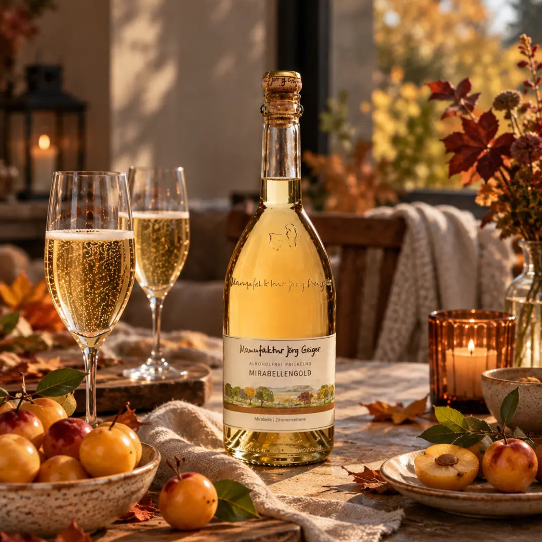 Jörg Geiger Mirabellengold alkoholfrei 0,0 % – Fruchtiger Mirabellen-Prisecco mit Sektgläsern, reifen Mirabellen und herbstlicher Tischdekoration.