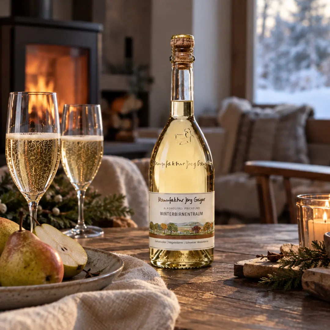 Jörg Geiger Winterbirnentraum alkoholfrei 0,0 % – Prickelnder Birnen-Prisecco mit Sektgläsern, frischen Birnen und gemütlicher Winterkulisse.