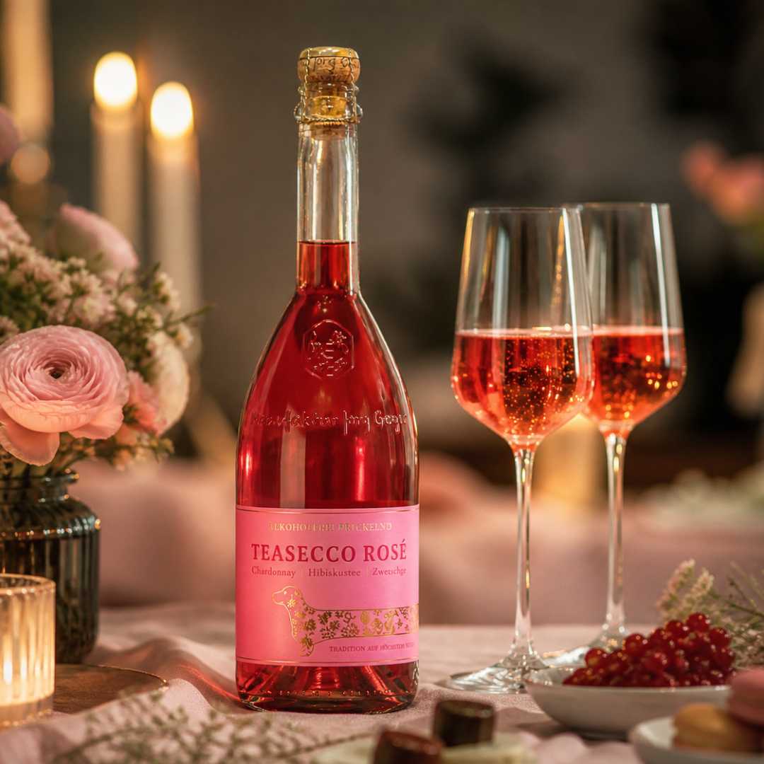 Alkoholfreier Teasecco Rosé von Jörg Geiger in romantischer Atmosphäre mit Gläsern, Kerzen und Blumen