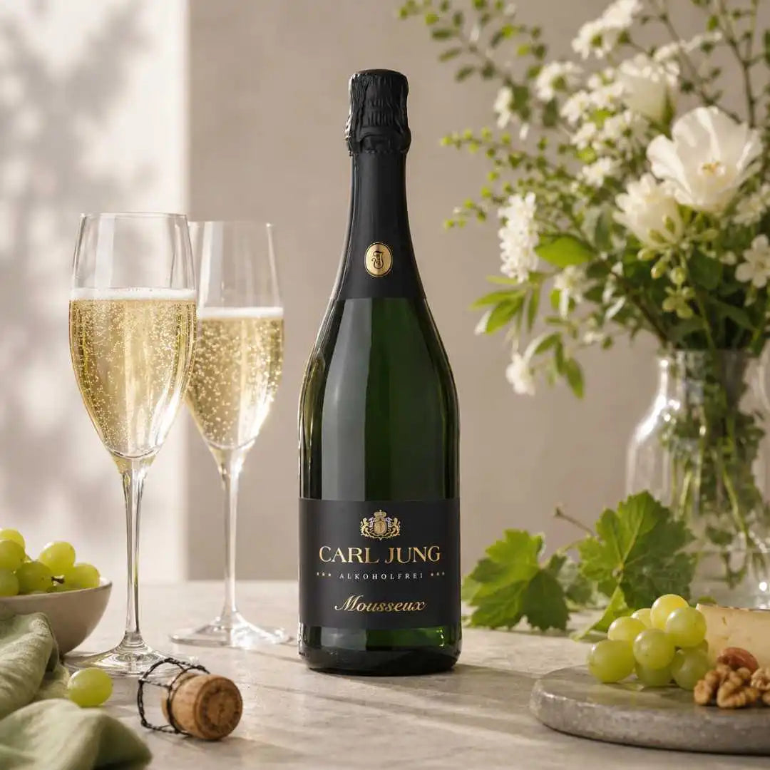 Alkoholfreier Sekt Mousseux von Carl Jung in Sektgläsern mit Trauben und Blumen auf hellem Tisch