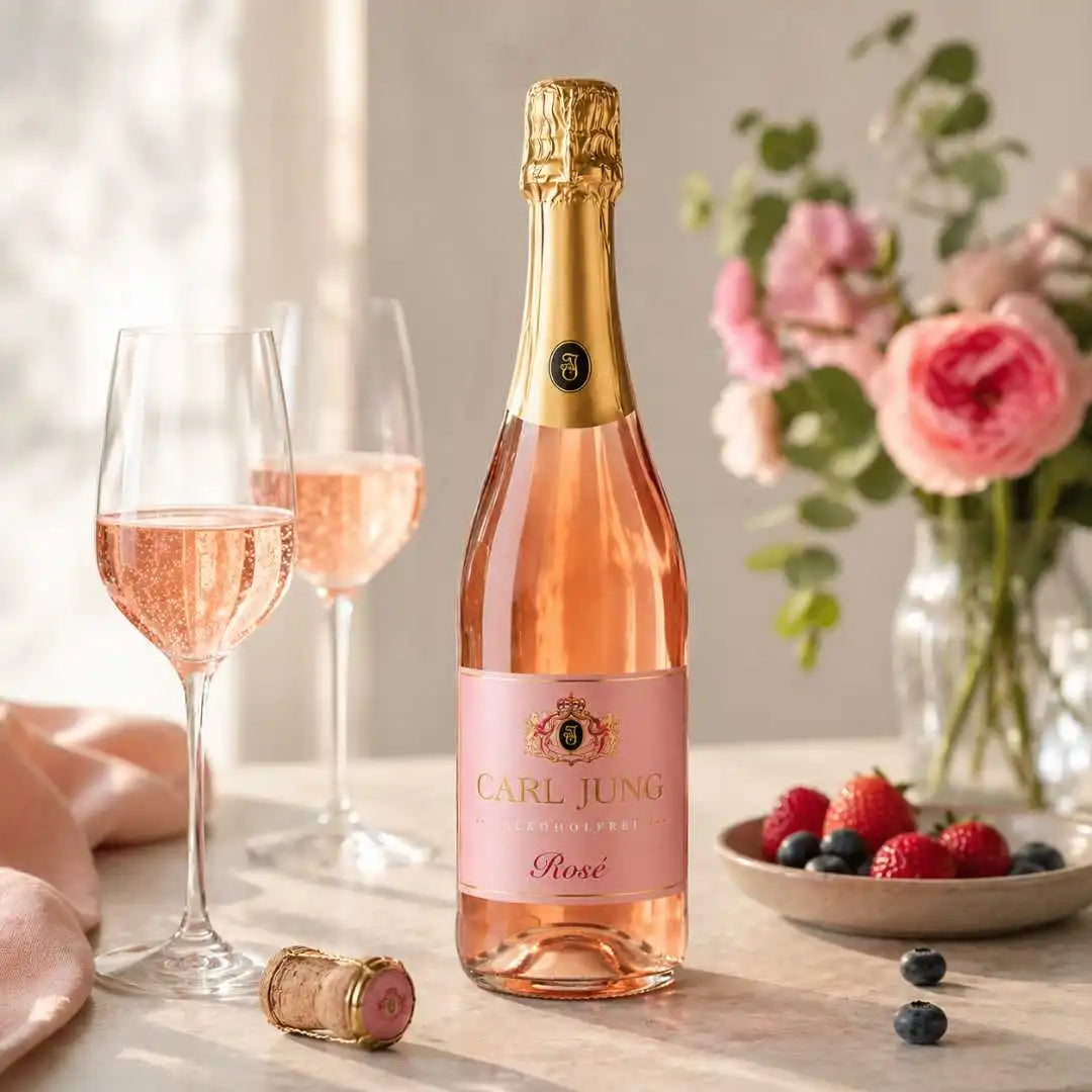 Alkoholfreier Rosé Sekt von Carl Jung im Glas mit Beeren und Blumen auf hellem Tisch