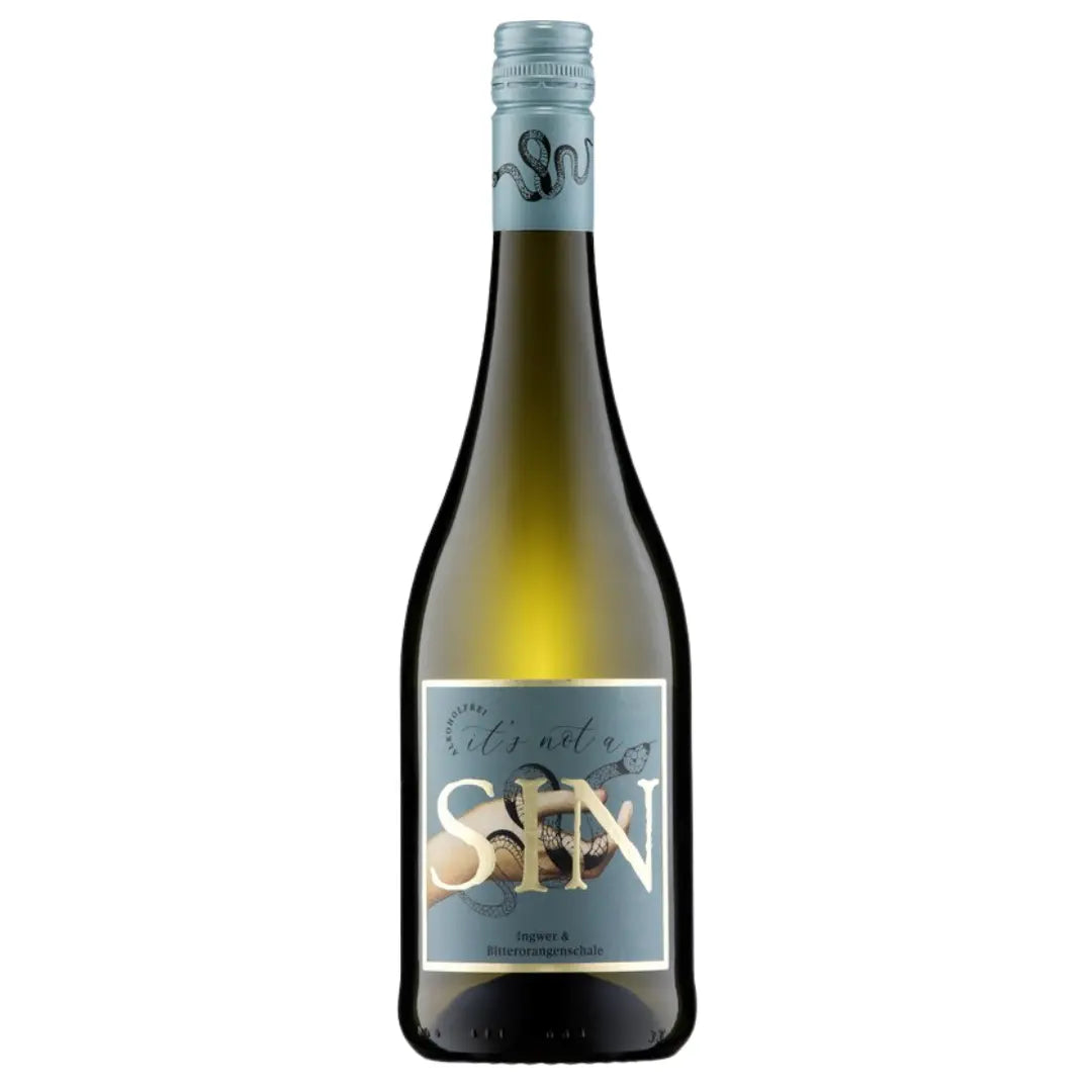 Alkoholfreie Sekt-Alternative „It’s not a SIN“ Ingwer & Bitterorangenschale mit blauem Etikett 