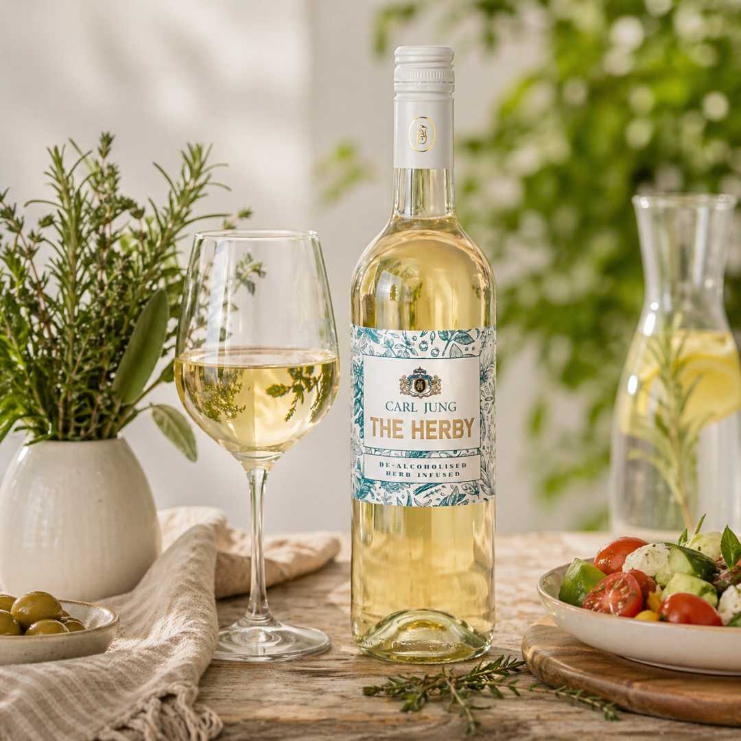 Alkoholfreier Kräuter Wein The Herby von Carl Jung im Glas mit Kräutern und leichter Sommerküche