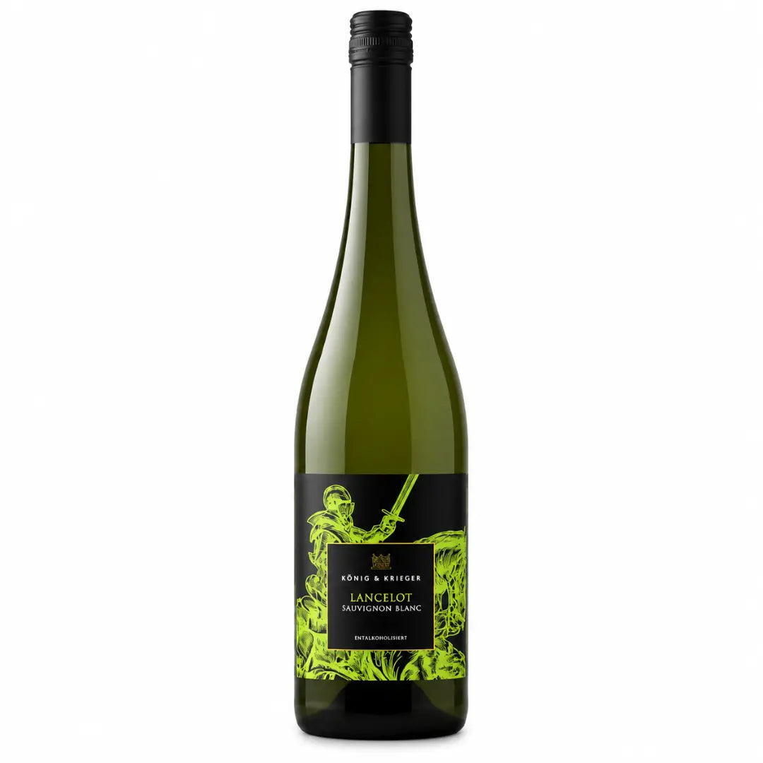 Alkoholfreier Sauvignon Blanc König & Krieger Flasche vor weißem Hintergrund, 0,0 % Weißwein