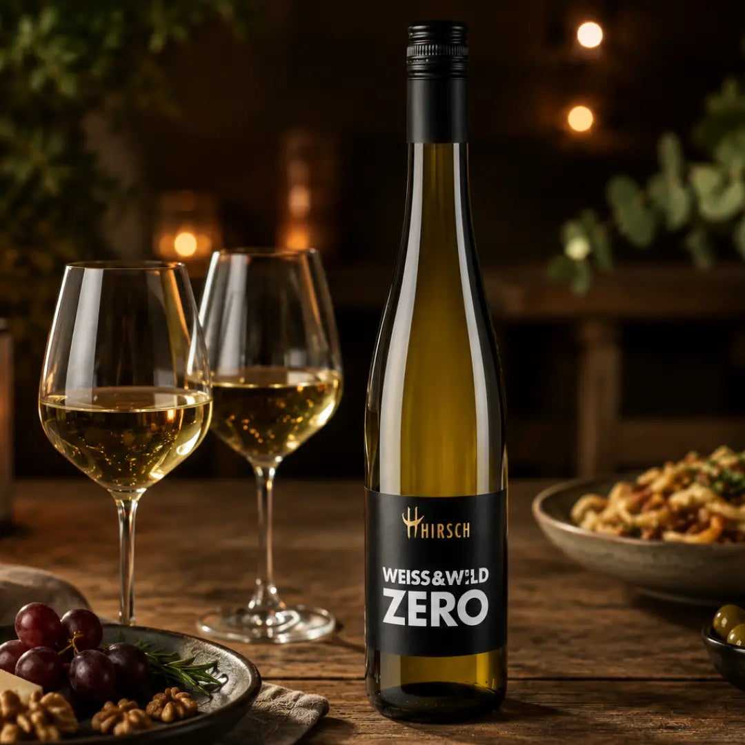 Alkoholfreier Weißwein WEISS &amp; WILD ZERO von Christian Hirsch zu Käse, Pasta und mediterranen Vorspeisen serviert