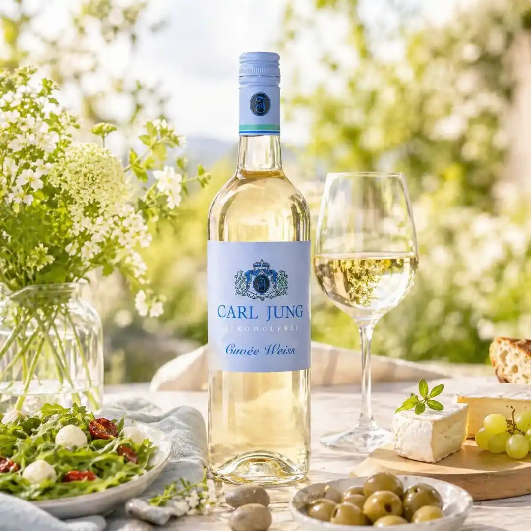 Alkoholfreier Weißwein Cuvée von Carl Jung im Glas mit Käse, Salat und Trauben auf sonnigem Tisch