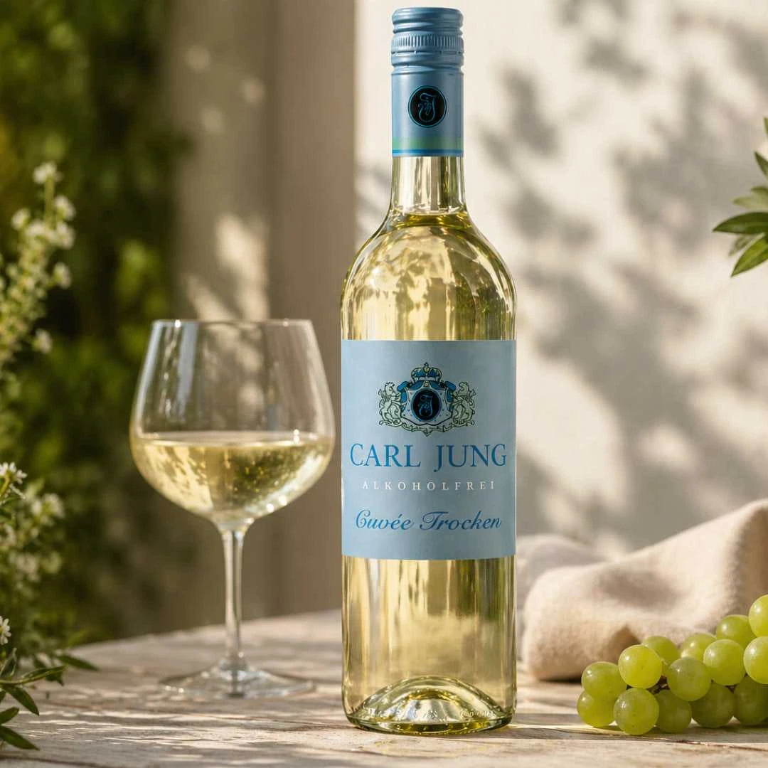 Alkoholfreier Weißwein Cuvée Trocken von Carl Jung im Glas serviert, stilvolle Genuss-Szene mit Trauben