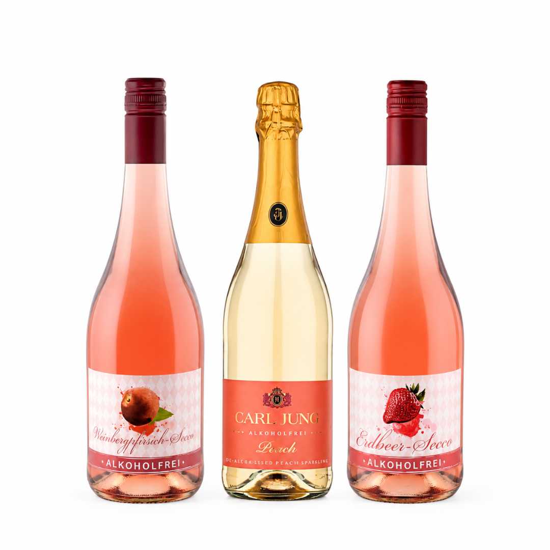 Alkoholfreies Secco Probierpaket mit Carl Jung Peach, Drathen Erdbeer Secco und Pfirsich Secco